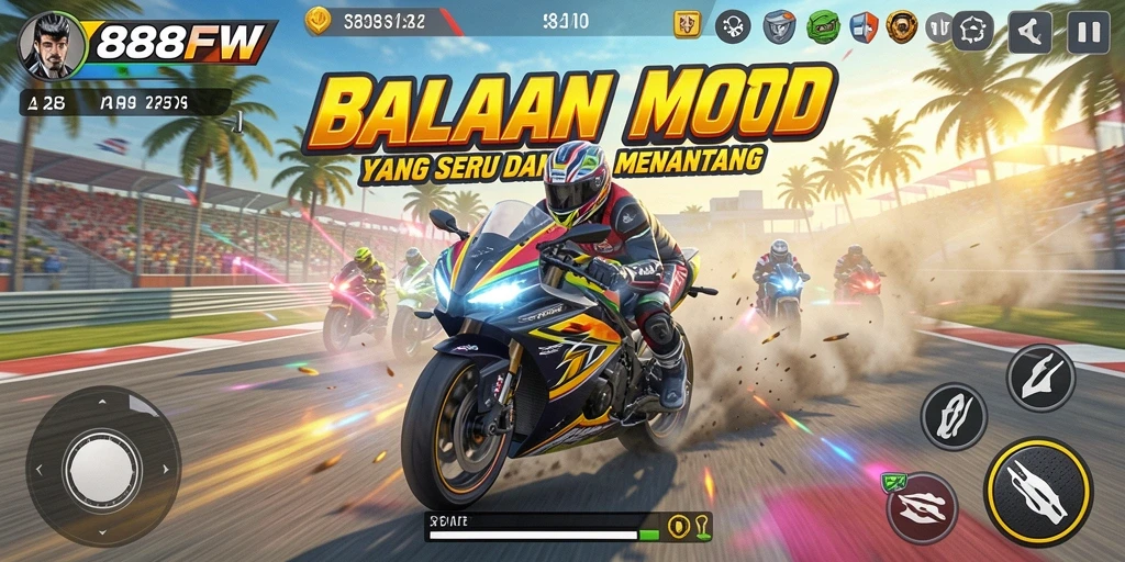 Tampilan gameplay seru dalam balapan motor 888FW.
