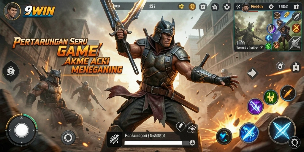 Tampilan seru gameplay 9WIN saat karakter bertarung melawan musuh.