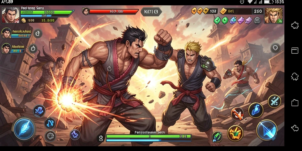 Gameplay AYU89 yang mendebarkan saat karakter bertarung di arena.