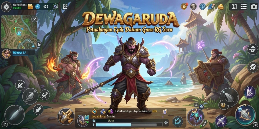 Screenshot gameplay DEWAGARUDA menampilkan pertarungan yang epik dan karakter yang menarik.