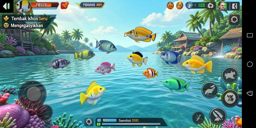 Tampilan gameplay FB333 dengan menembak ikan yang berwarna-warni.