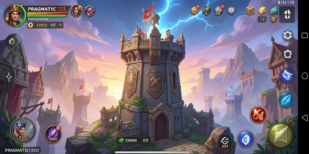 Screenshot gameplay mencolok dari PRAGMATIC123 yang menampilkan aksi pertahanan menara.