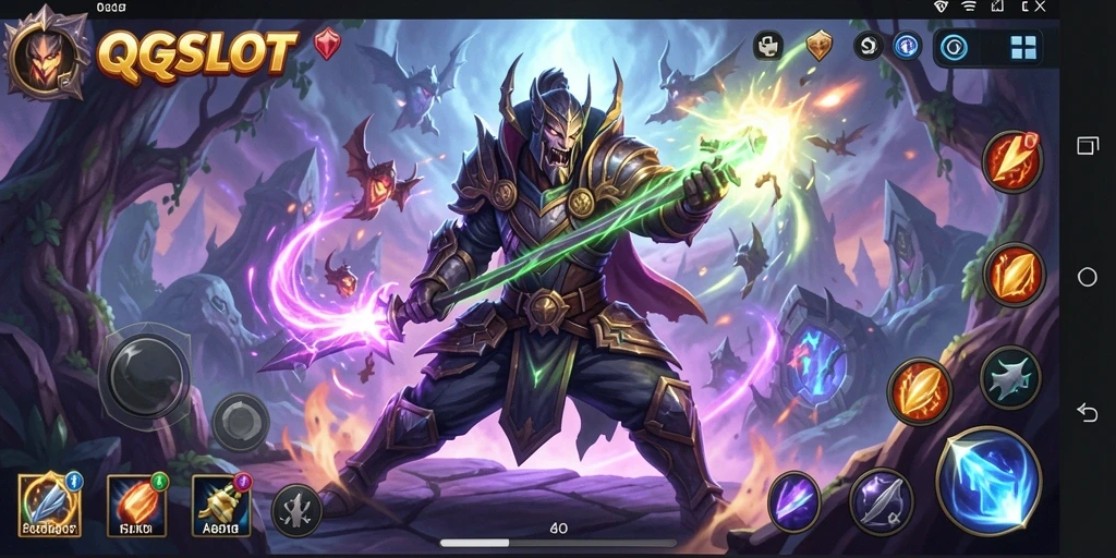 Screenshot gameplay QQSLOT menampilkan pertempuran menegangkan di dunia fantasi.
