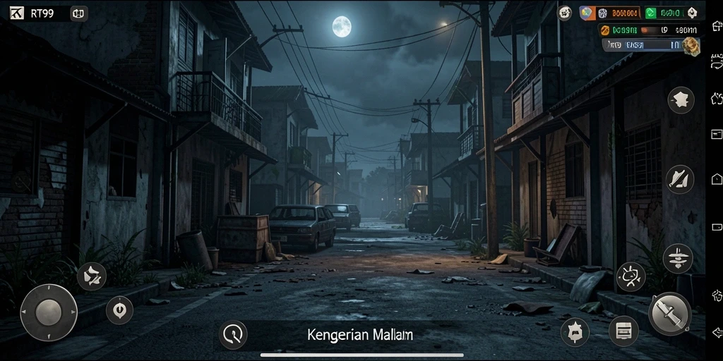 Screenshot gameplay RT99 menampilkan suasana Horror yang mencekam.