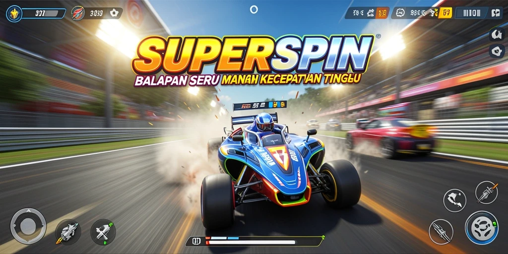 Gameplay SUPERSPIN dengan kendaraan berkecepatan tinggi dan lintasan menantang.