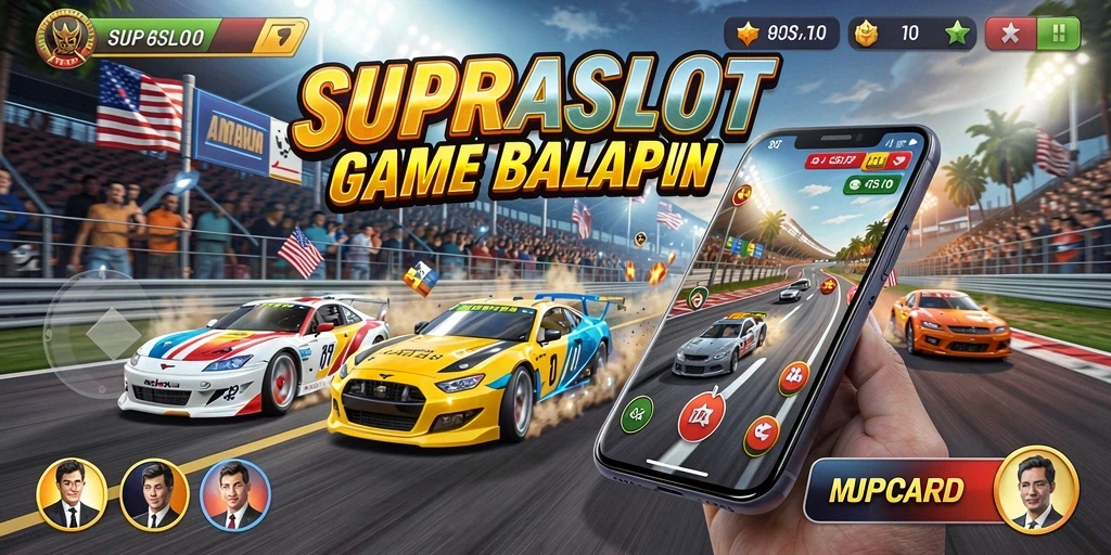 Tampilan gameplay mendebarkan dalam balapan <strong>SUPRASLOT</strong> dengan mobil yang melaju kencang.